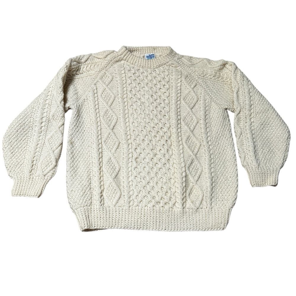 VTG John Molloy Handknit Aran Sweater 100% Wool Ireland Fisherman Cream L/XL
